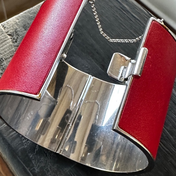 CELINE RED SILVER LEATHER MANCHETTE CUFF BRACELET BY PHOEBE PHILO - Picture 4 of 10